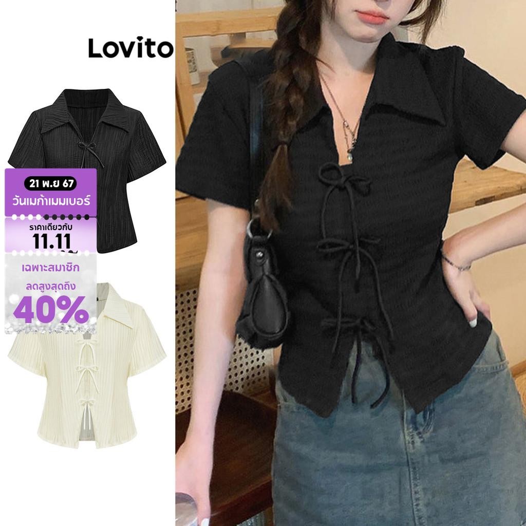 Lovito เสื้อยืดผู้หญิง ผ้าแจ็คการ์ด สีพื้น สไตล์น่ารัก L87ED028(หลากสี)