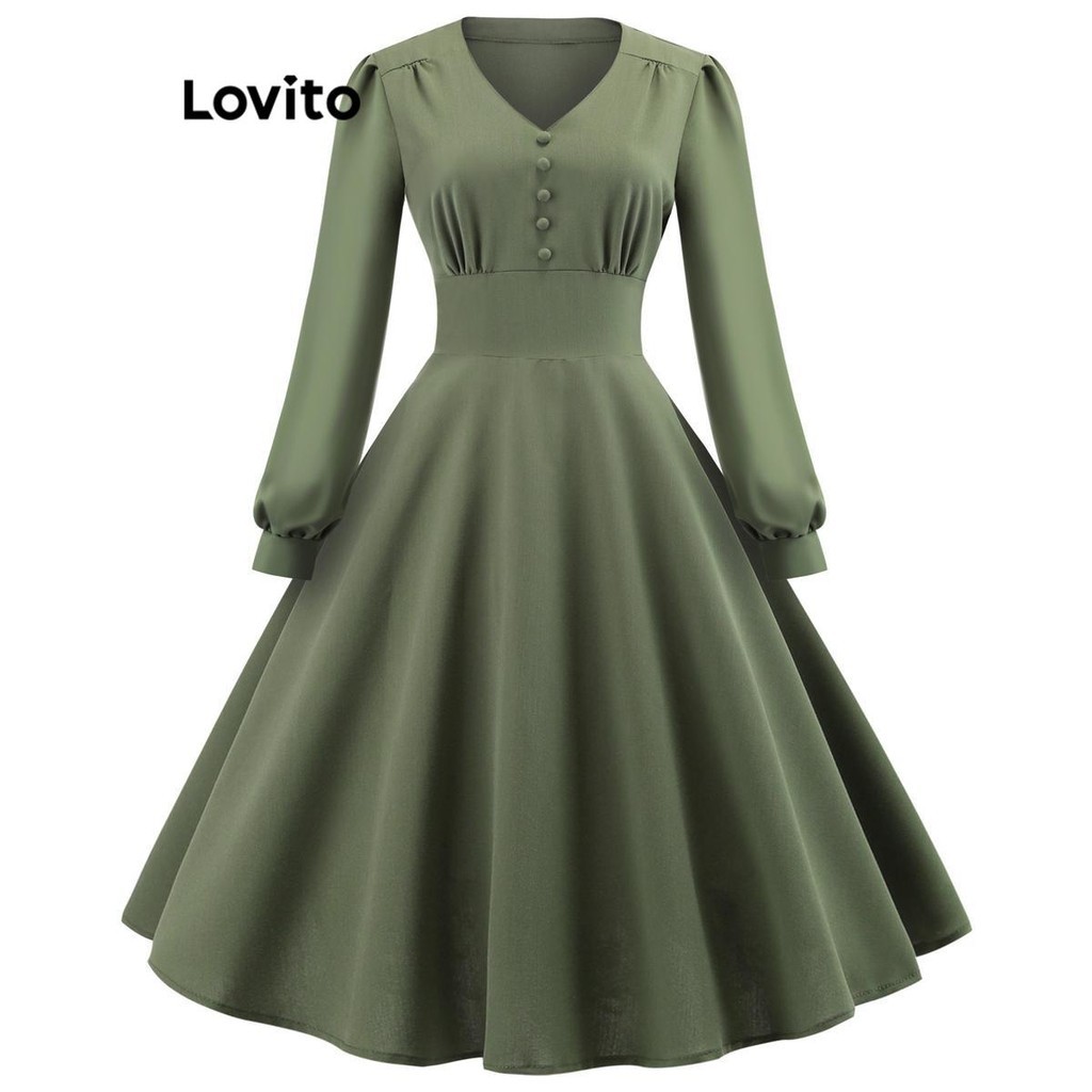 Lovito ชุดเดรสผู้หญิง มีกระดุม สีพื้น สไตล์ลำลอง LNL63228