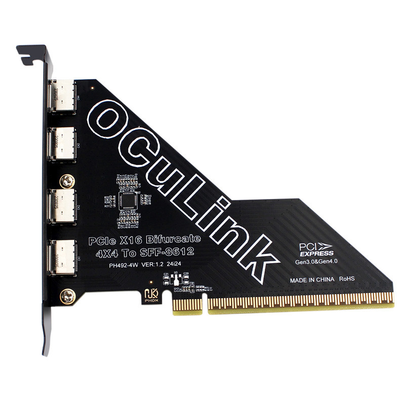 PCIE 4.0 X16 ถึง 4 พอร์ต OCulink SFF-8612 แยก Bifurcation การ์ด PCI Express GEN4 64Gb สําหรับ SFF-86