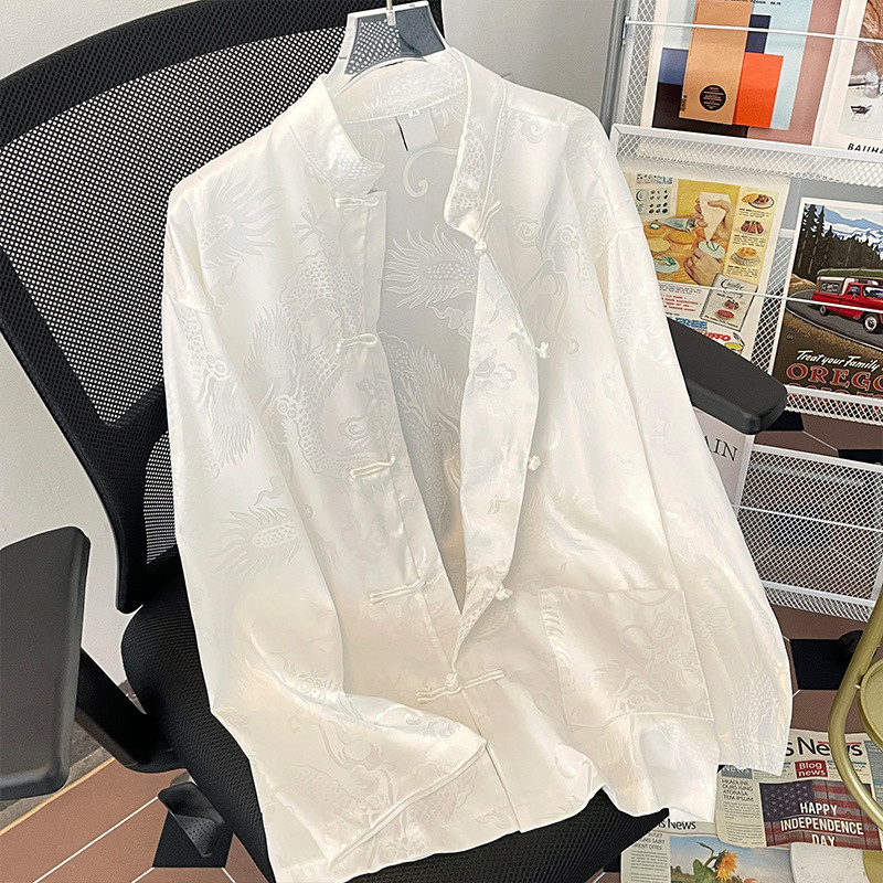 สไตล์จีนย้อนยุคผ้าไหมน้ำแข็งเสื้อผู้ชายมังกรเข้มแบบหัวเข็มขัดลำลองฤดูใบไม้ผลิและฤดูใบไม้ร่วงเสื้อผู้ชายและผู้หญิงสามารถสวมใส่