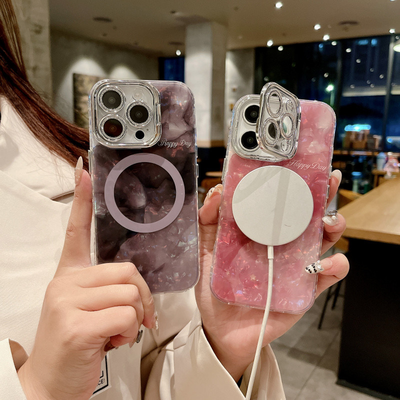 เคสโทรศัพท์แข็ง IMD แบบแม่เหล็ก รูปแบบเปลือกหอยหรูหรา สำหรับ iPhone 16 Pro Max 15 14 13 12 Pro Max Plus 11 ป้องกันเลนส์แวววาว ป้องกันการตกหล่น
