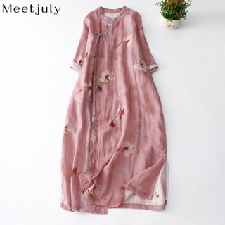 ชุดเดรสกี่เพ้า ความยาวปานกลาง ผ้าฝ้าย และผ้าลินิน ทรงหลวม พิ…