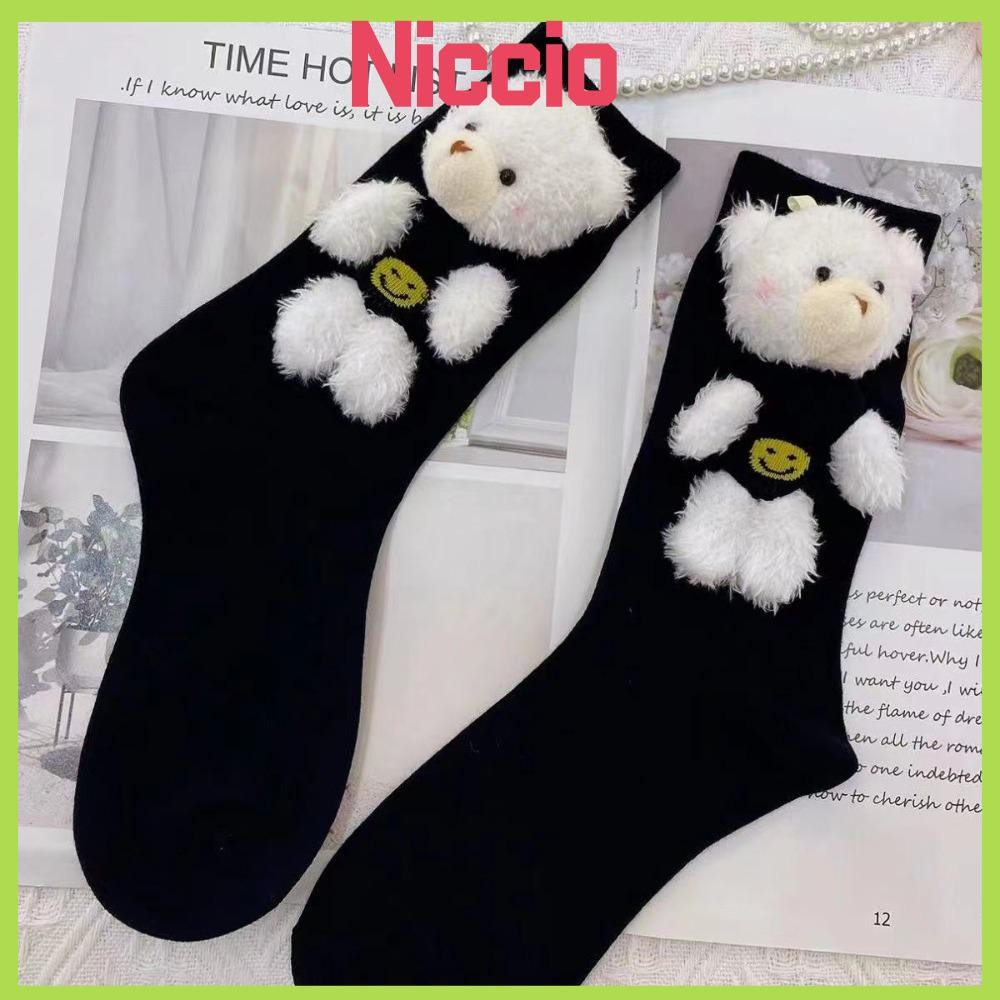 ถุงเท้าตุ๊กตา NICCIO ถุงเท้ากองอุ่นหนา หมียิ้มน่ารัก Cotton Fuzzy Sock Girl