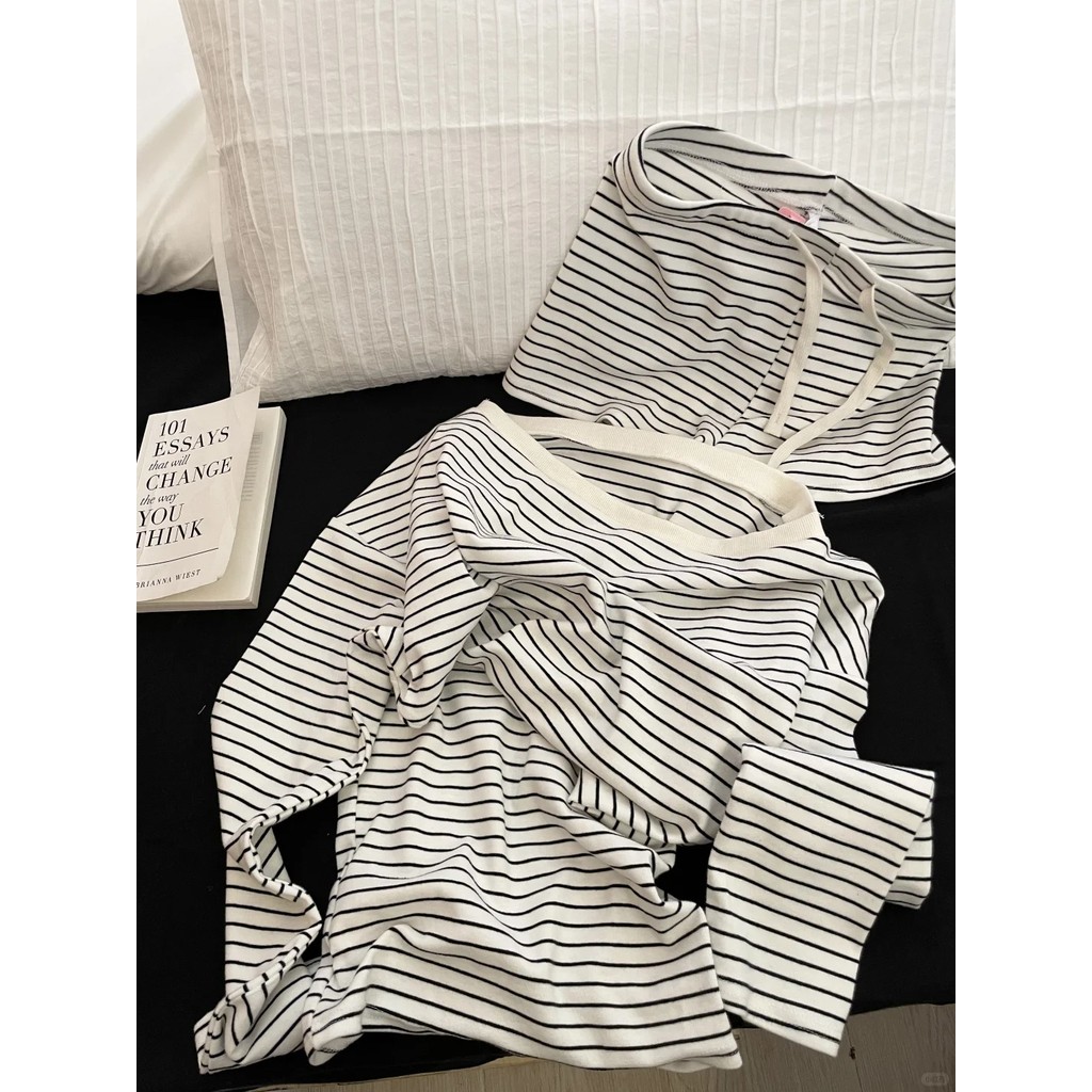 ส่งไวจากไทย🖤ชุดนอนแขนยาว ลายทางสีดำและขาว สำหรับผู้หญิง กางเกงขาสั้น ใหม่ ชุดนอนสองชิ้น ขนาด M-3XL