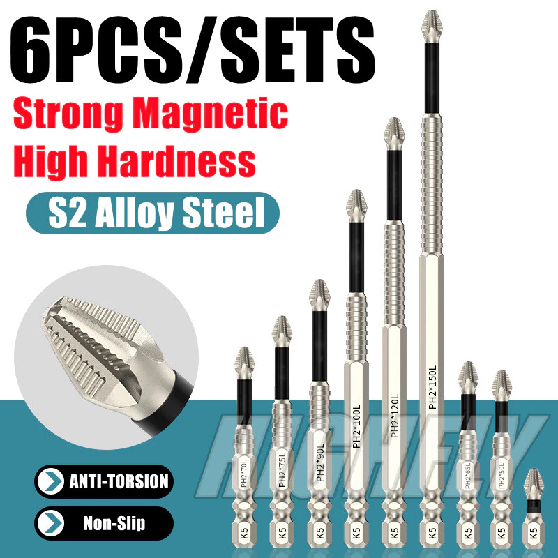 6ชิ้น Magnetic Batch Head, K5 ด้ายโลหะผสมเหล็ก Cross Bit, 25-150 มม.ความแข็งสูง Anti-Slip WaterProof PH2 ไขควง Bits ไขควงไฟฟ้า