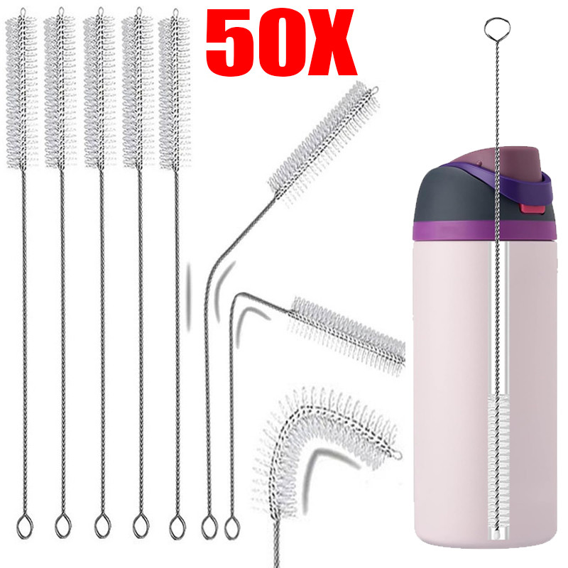 แปรงทําความสะอาดฟางสแตนเลส 24 ซม | 50-หีบห่อ นํากลับมาใช้ใหม่ได้ ขวดแปรงสําหรับขวดกีฬา/อุณหภูมิ/หลอด, เครื่องมือทําความสะอาดท่อโลหะที่ทนทาน