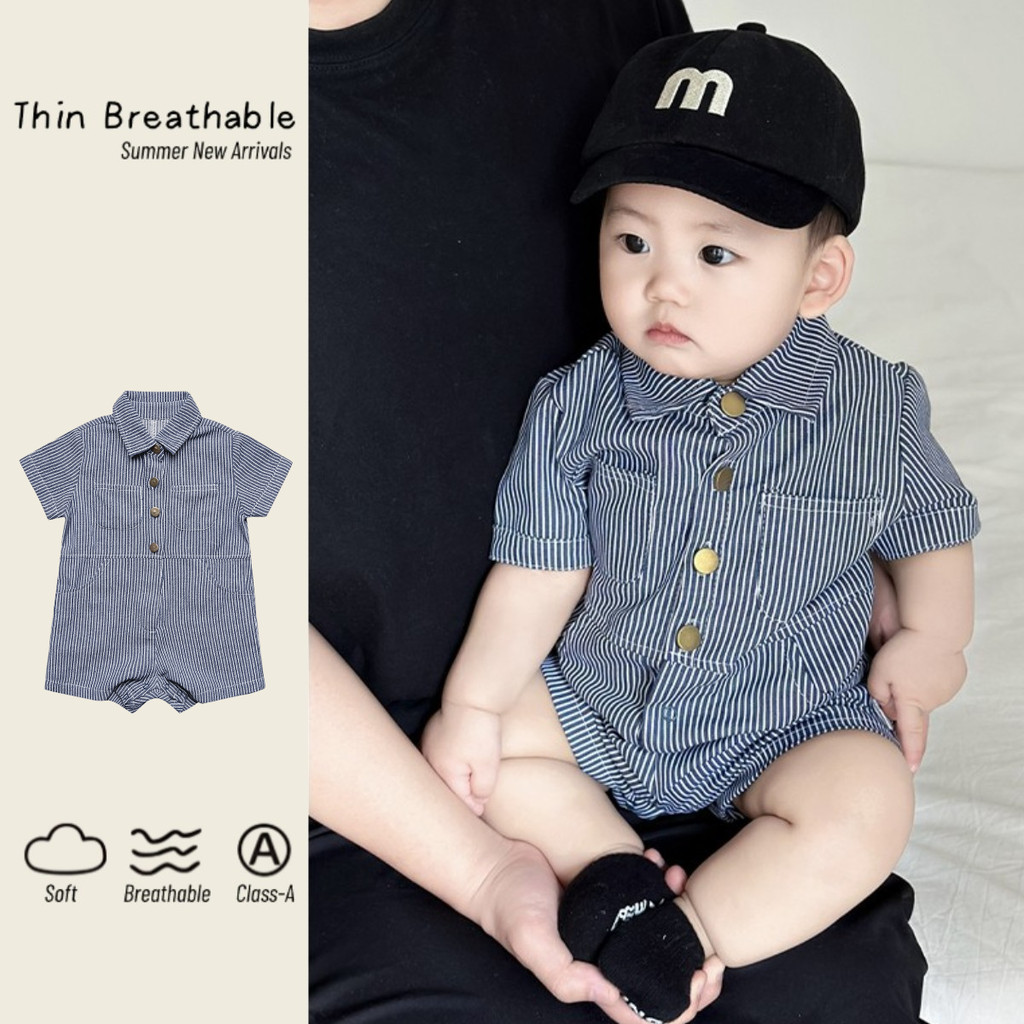 ฤดูร้อนใหม่เสื้อผ้าเด็กบางโปโลบอดี้สูทแขนสั้น 4-36 เดือนคุณภาพสูงลายสุภาพบุรุษ ชุดรอมเปอร์ วันเกิด บัพติศ
