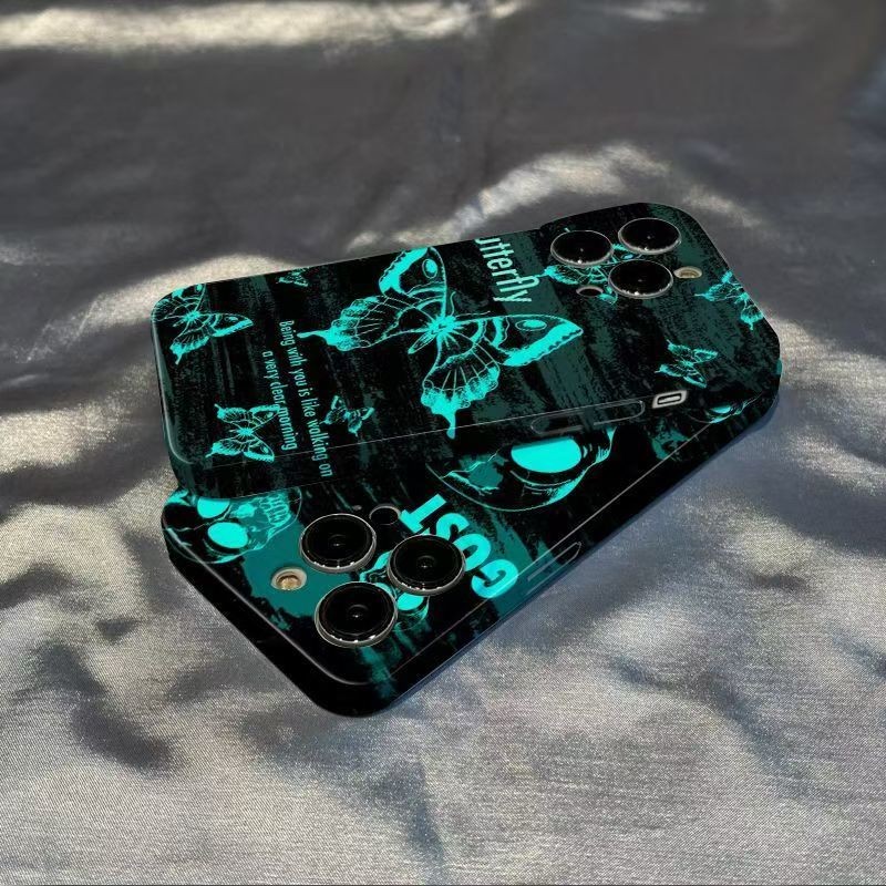 เคสปกปิดเต็มรูปแบบลายผีเสื้อสีเขียวเรืองแสงสำหรับ iPhone 16 Pro XS 11 Pro Max 14 Pro XR 15 Pro Max 13 Pro Max XR 16 Pro Max 12 Pro 14 Pro Max 8 Plus เคสแข็งกันกระแทก