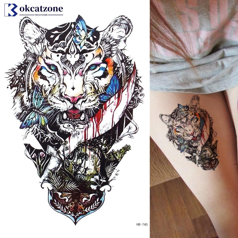 Okcatzone 1 แผ่น 21x14.8 ซม.Creative Tiger ปลอมแฟลชผู้หญิงผู้ชายกันน้ํา Body Arm Henna ชั่วคราว Tatt
