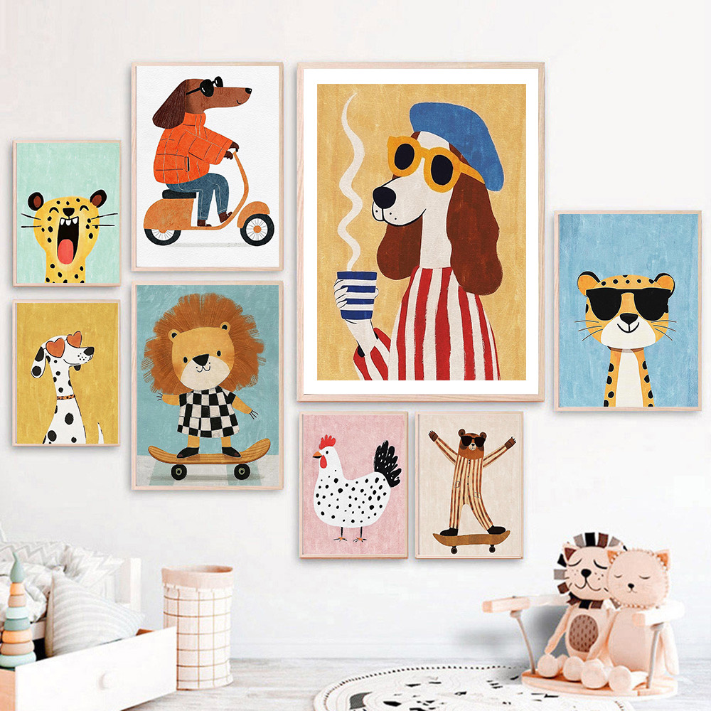 สัตว์ตลกสิงโต Cheetah สุนัขหมีสเก็ตบอร์ดโปสเตอร์พิมพ์ Wall Art ผ้าใบเนอสเซอรี่ภาพสําหรับเด็กเด็กผู้หญิงตกแต่งห้อง