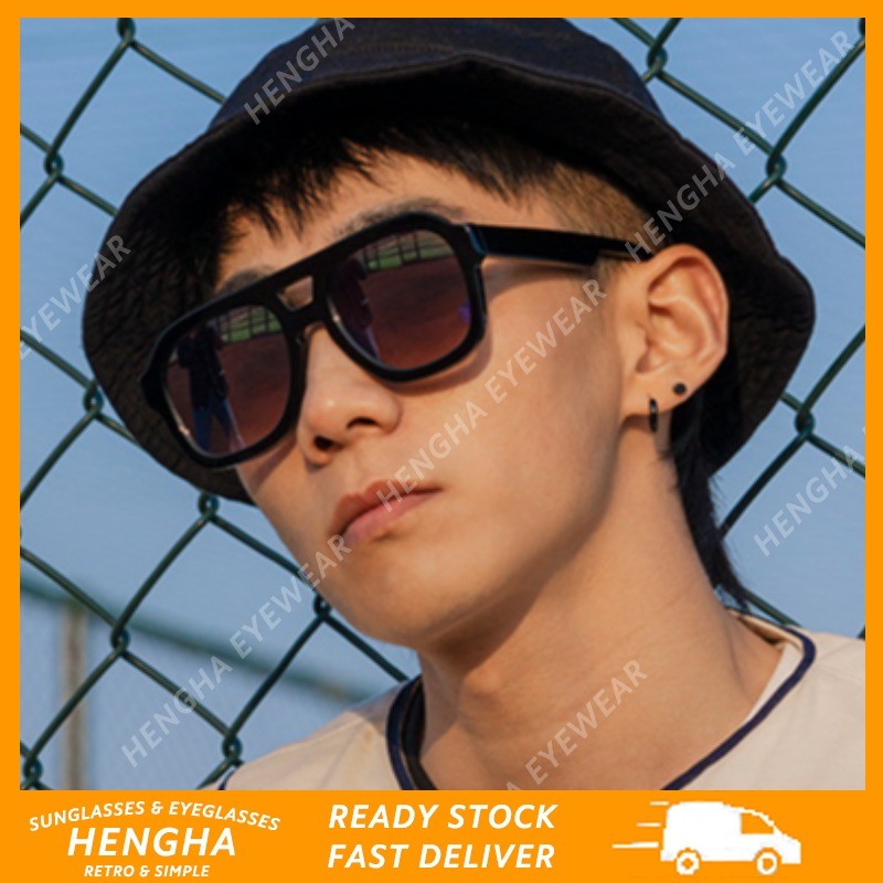 (HENGHA) แว่นกันแดดกรอบหนา Double Beam สําหรับผู้ชาย Retro Aviator แว่นกันแดดเรียบง่าย