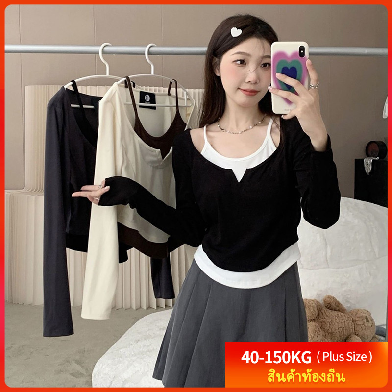 【พลัสไซส์】เสื้อยืดโอเวอร์ไซส์ สไตล์ฮอตหวานๆ สีตัดกัน แขนยาว สลิปเสื้อยืดแฟชั่น สำหรับผู้หญิง 40-150 กก. เสื้อยืดพร้อมเสื