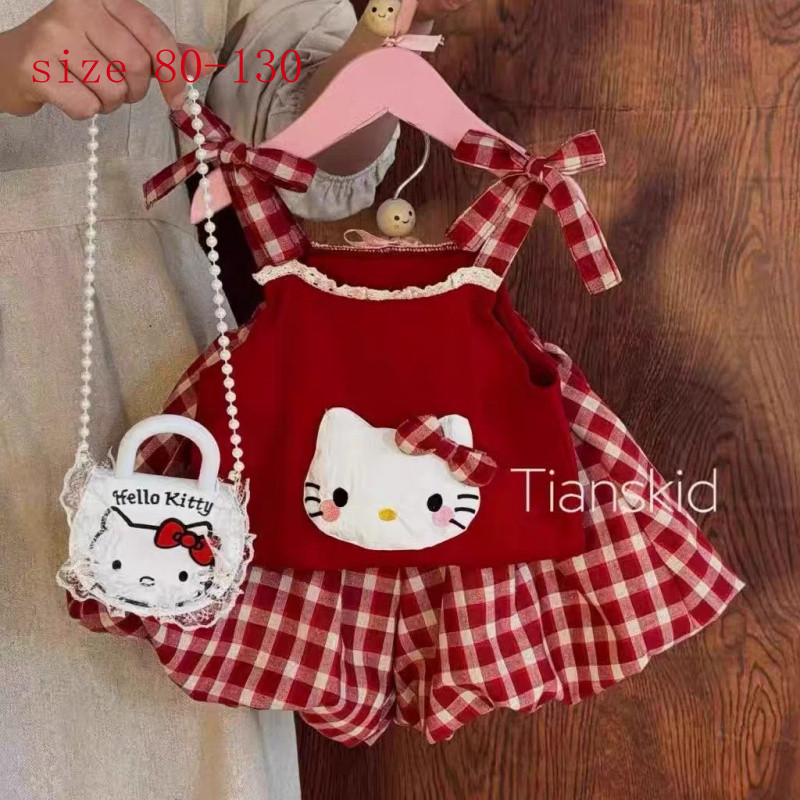 [Aria] สาวน่ารักชุดลายสก๊อตสีแดงแฟชั่นแมวสลิง+กางเกงขาสั้นลายสก๊อตเด็กสาวฤดูร้อนสไตล์ใหม่ชุดสองชิ้น