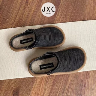 JINxCHOY เกาหลีสีทึบผ้าตาข่ายระบายอากาศแฟชั่นทุกวันเยาวชนถักรองเท้าแตะ PU กันลื่นผู้หญิงทุกวันสบายๆใส่นอกบ้านรองเท้าแตะแบนโรงงานราคาส่ง