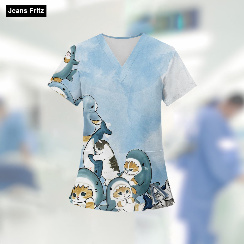 2025 ออกแบบใหม่หมอ/พยาบาลชุดการ์ตูนน่ารักแมวพิมพ์คุณภาพสูงล้างเสื้อผ้าผู้หญิงคอวีแขนสั้นเสื้อยืดด้านบนสบายชุดสัตวแพทย์ ส-5เอ็กแอล