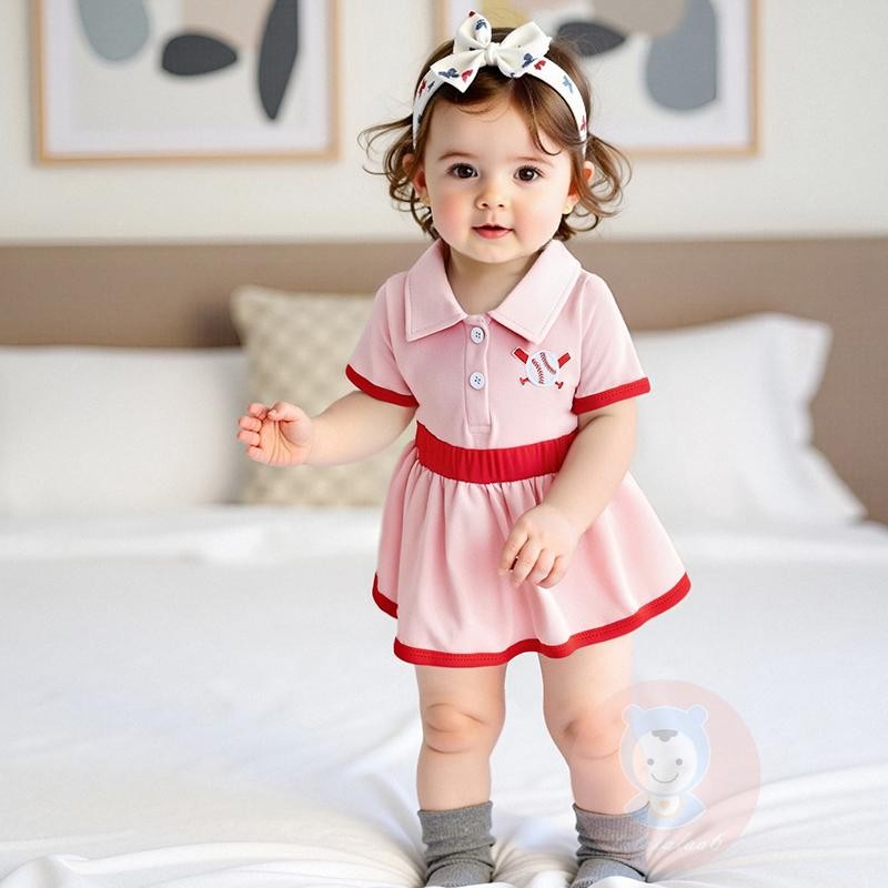 LAA6-ชุดรอมเปอร์แขนสั้นคอปกครึ่งปุ่มสําหรับเด็กทารกฤดูร้อนน่ารัก