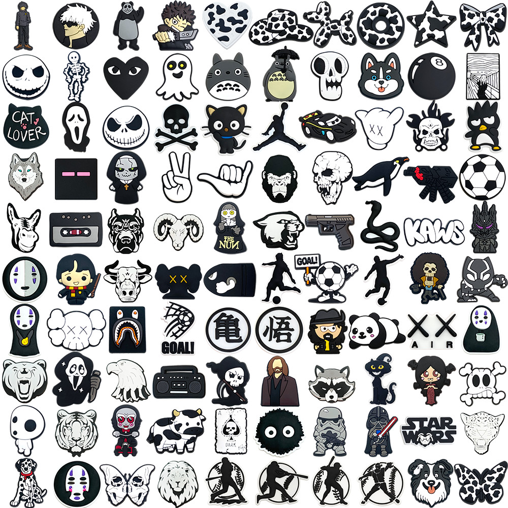 ชุดสีดําและสีขาวรองเท้า Charms อุปกรณ์เสริม DIY สําหรับพร้อมปุ่มตกแต่ง PVC Fit to Bubble Slides รองเท้าแตะ