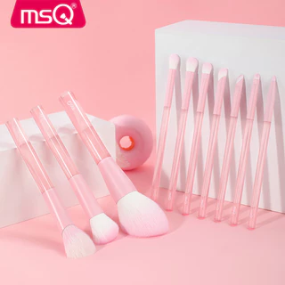 MSQ ชุดแปรงแต่งหน้า 10 ชิ้น ก้านใสสีชมพู ประกอบด้วยแปรงคอนซีลเลอร์ ปัดแป้ง อายแชโดว์ อายไลเนอร์ เบ้าตา