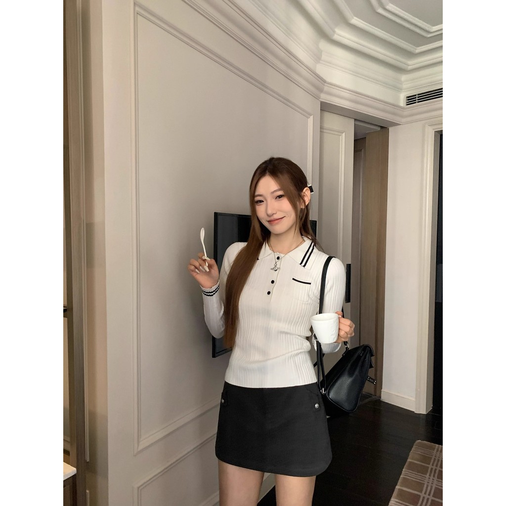 Kochi miu Series White Doll Collar Sweater Women Spring Autumn Stripes