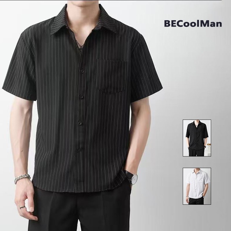 ⚡️BECoolMan⚡️ เสื้อเชิ้ตผู้ชาย ฤดูร้อนรุ่นใหม่ แขนสั้น ลมอ่อน ลำลองใส่สบาย แบบหลวม ธุรกิจ – โปรปัง