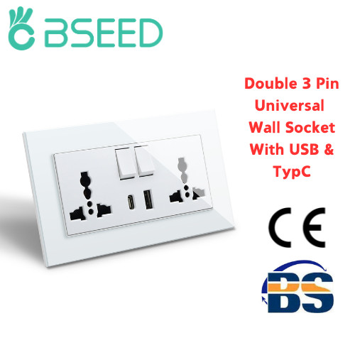 Bseed ซ็อกเก็ตผนังสากลสลับคู่พร้อม USB C & USB A - 2 Gang 2 สี, เต้ารับผนังมัลติฟังก์ชั่น, พร้อมแผงกระจกที่ใช้งานได้สําหรับประเภทปลั๊กนับ 180