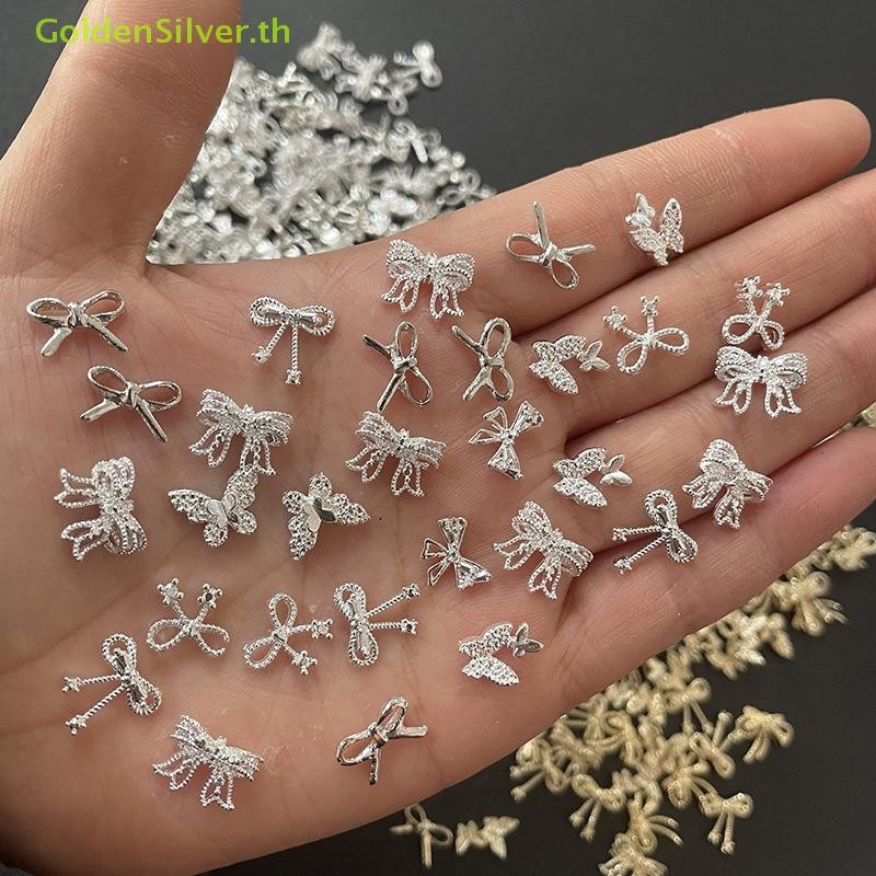 Goldensilver ทองเงิน ดอกไม้ อุปกรณ์ตกแต่งเล็บ Rhinestones โบว์ตกแต่งเล็บ 3D เจาะ TH