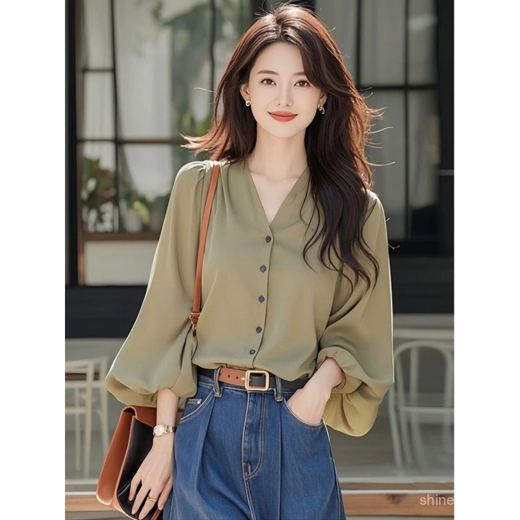 เสื้อเชิ้ตคอวีชีฟองเสื้อผ้าผู้หญิงตัวเล็ก clrb