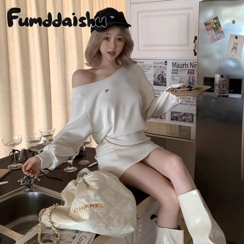 Fumddaishu ฟู่เอ็มดีไดชู ชุดเดรสเสื้อฮู้ดแขนยาวเปิดไหล่ฝรั่งเศสกระโปรงสะโพกเข้ารูป