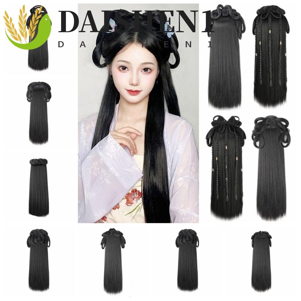 Daishen1 วิกผมจีนโบราณ, สังเคราะห์โบราณผู้หญิง Hanfu วิกผม, ผ้าโพกศีรษะการถ่ายภาพสีดํา Hanfu วิกผมแถบคาดศีรษะ