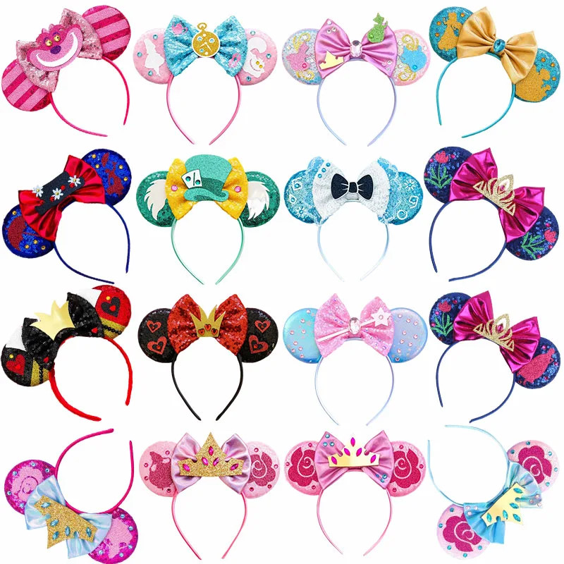 Disney Alice in Wonderland Mickey Mouse หูแถบคาดศีรษะ Mad Hatter Hairbands ผู้หญิงเลื่อม Bows อุปกรณ์เสริมผม Cheshire หูแมว Headbands สําหรับผู้ใหญ่สาวเด็กของขวัญ