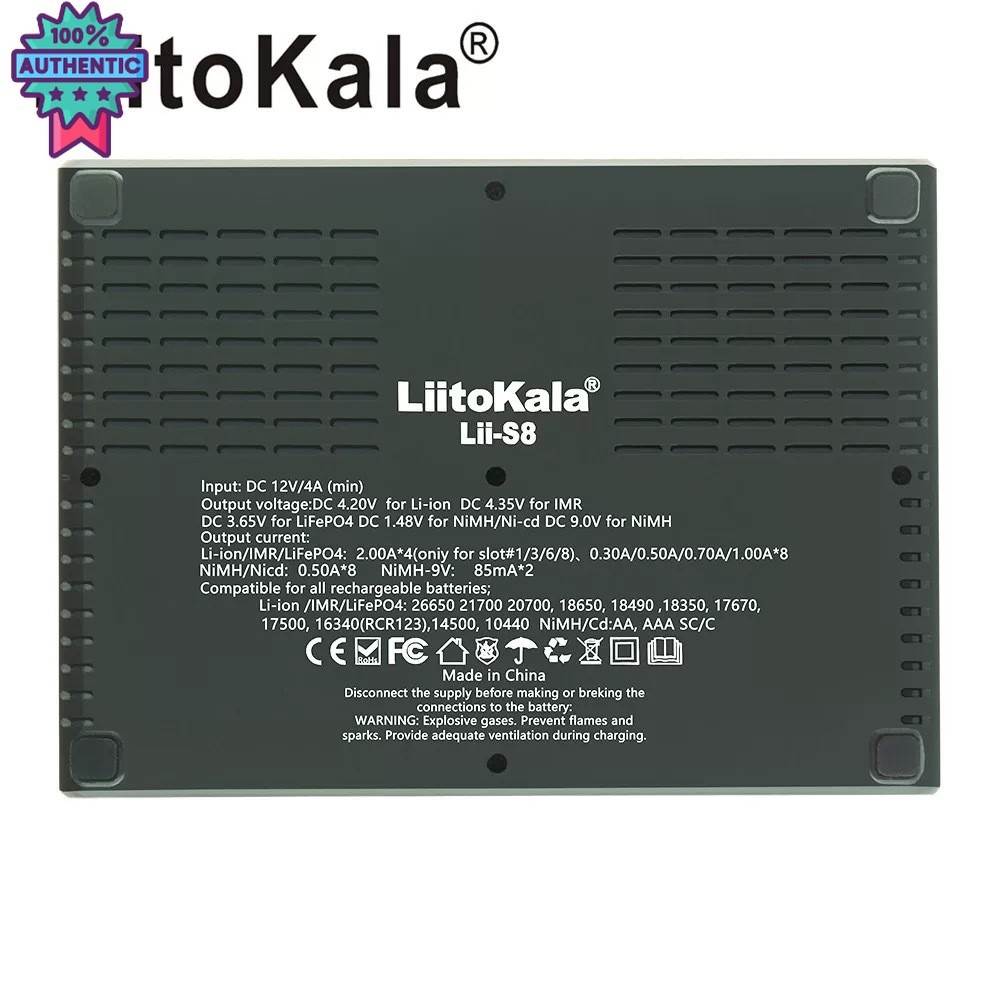 เครื่องชาร์จถ่าน LiitoKala Lii-S8มีสายพาวเวอร์พร้อม ชาร์จได้ 8ก้อน รองรั 26650，21700，20700, 18650, 1