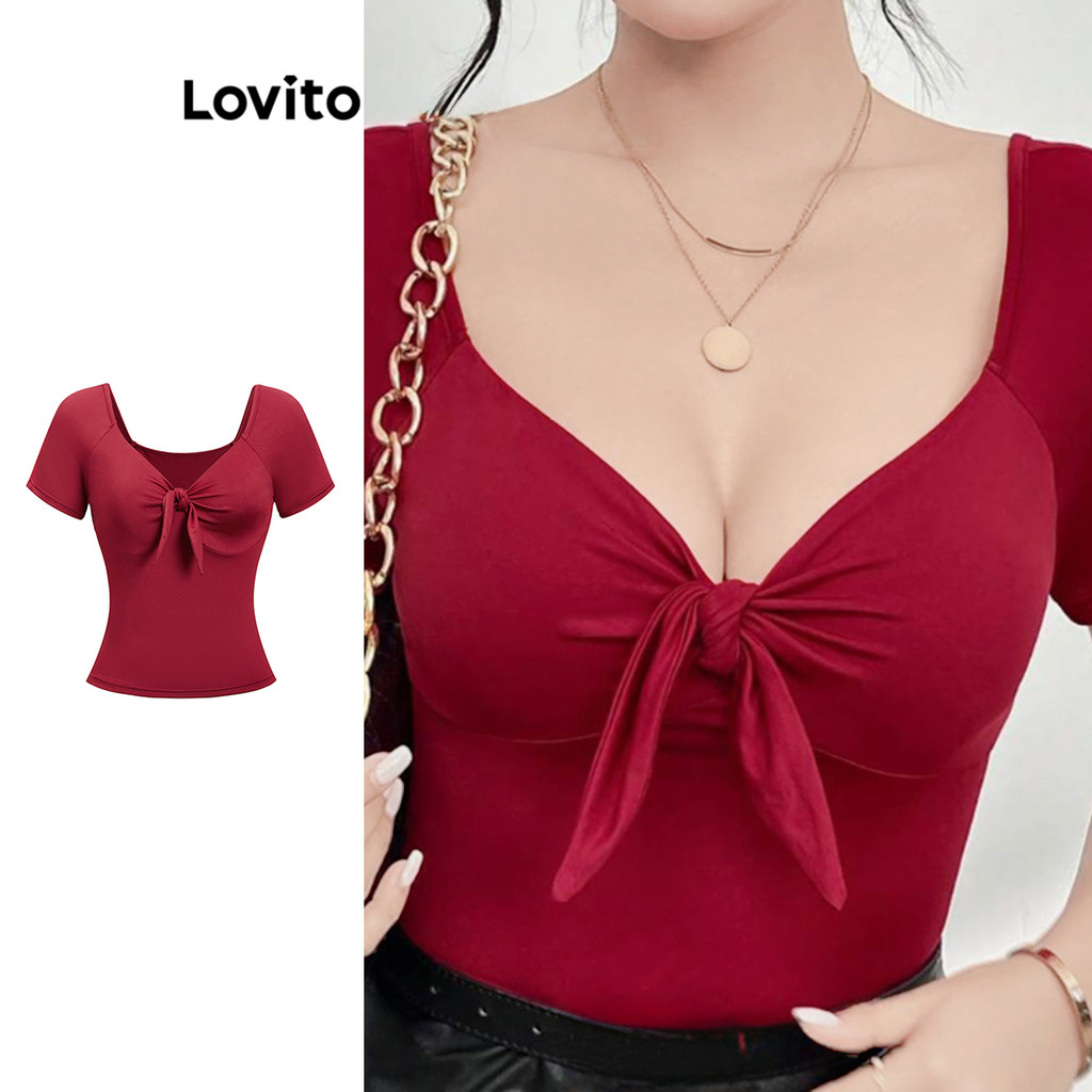 Lovito เสื้อยืดผูกโบว์สีพื้นเรียบหรูหราสำหรับผู้หญิง L108ED495