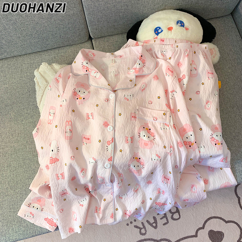 Duohanzi ชุดนอนสตรีบาง cloud cotton ชุดนอนหวานกางเกงแขนยาวชุดบ้าน