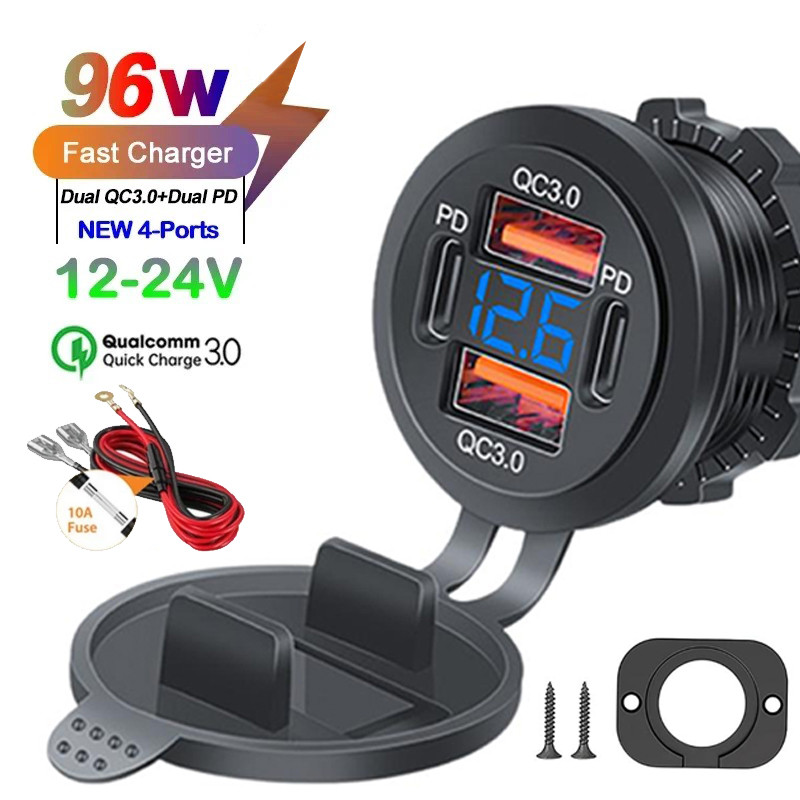 96w PD3.0 + QC3.0 4-Port Fast Car Charger พร้อมจอแสดงผล LED - iPhone Samsung Huawei เข้ากันได้กับกันน้ํา