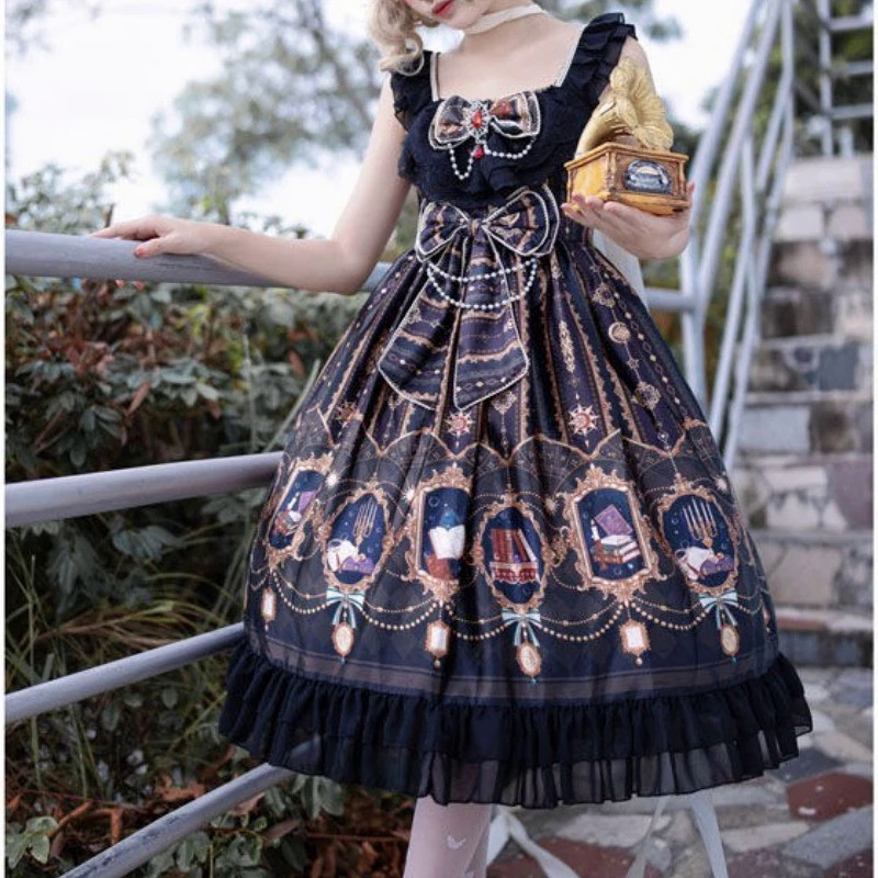 MnVictoria Vintage Gothic Lolita JSK Dress Women Sweet Star Bow Elegant Princess Sleeveless Dress Gi