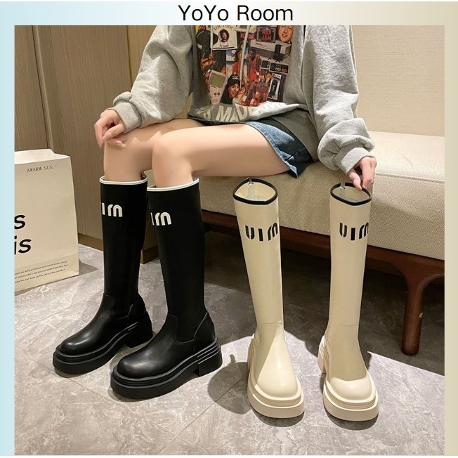 Miumiu สไตล์เดียวกันรองเท้าผู้หญิงหนา Soled ฤดูหนาวรูปแบบใหม่ตัวอักษรสาวร้อน High-Top รองเท้ายืดหยุ่นขนาดเล็กไม่เข่ายาวอัศวินรองเท้า