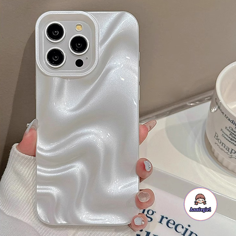 หรูหราสีขาวมุก 3D ระลอกน้ําเคสโทรศัพท์สําหรับ IPhone 11 15 16 Pro Max 12 14 13 Promax Drop ทน Anri-สิ่งสกปรกนุ่ม TPU โทรศัพท์ปกหลัง – โปรปัง