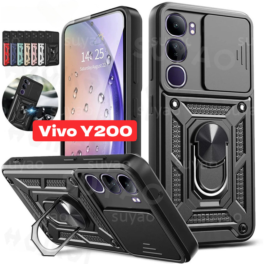 สําหรับ Vivo Y200 5G 2024 เคสโทรศัพท์แหวนขาตั้งผู้ถือปลอก VivoY200 Y 200 เลนส์ Push-pull สไลด์เกราะป้องกันกล้องกันกระแทกขอบนุ่ม Hard PC ฝาหลัง