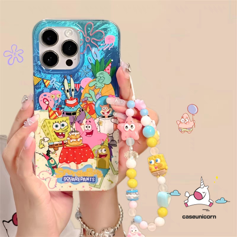 Trendยี่ห้อน่ารักspongebobการ์ตูนสร้อยข้อมือสําหรับiphone 13 16 15 11 14 12 Pro Max XR 7Plus X 16 14 15 7 8 Plus XS Max SE 2020 Glossyหรูหราริ้วรอยรูปแบบนุ่ม