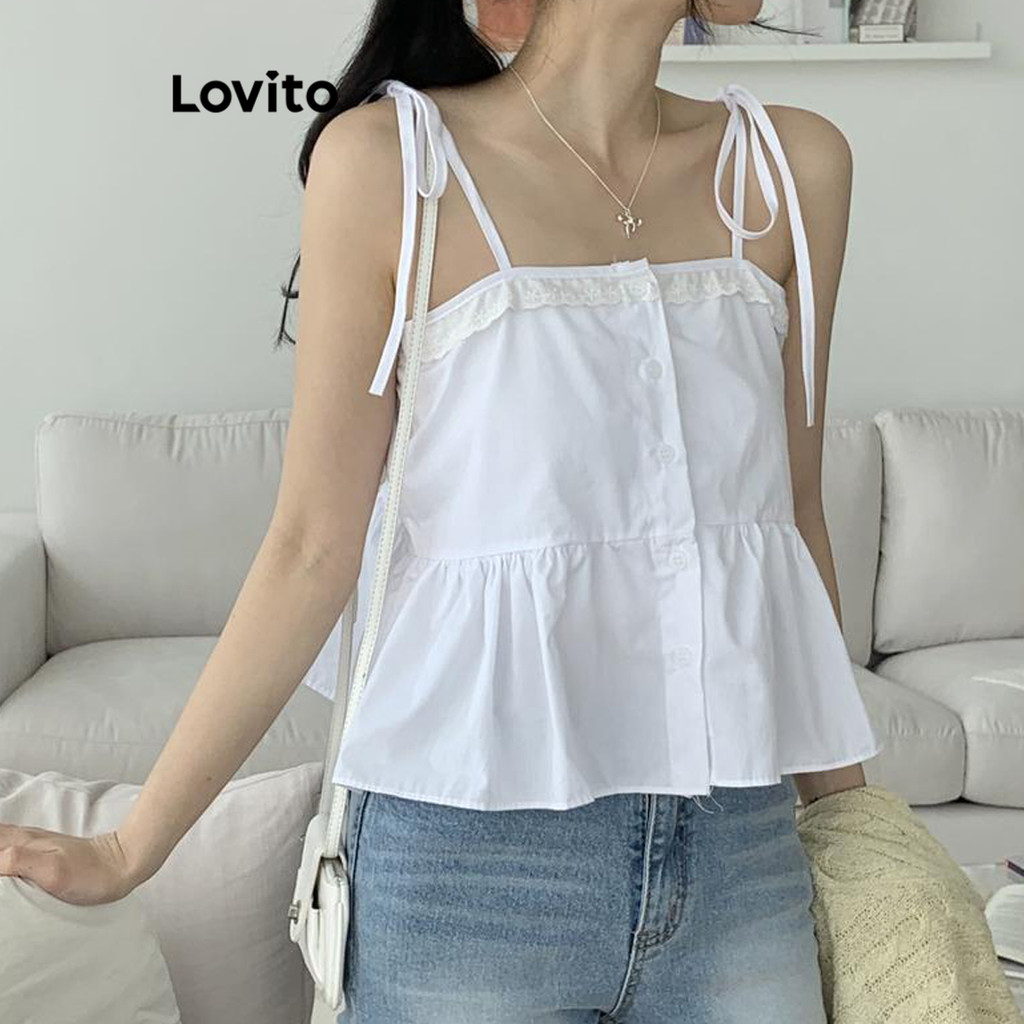 Lovito เสื้อแขนกุดผู้หญิง แบบผูกไหล่ สีพื้น สไตล์ลำลอง LNE56114
