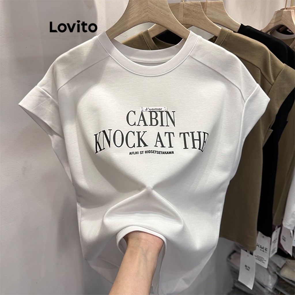Lovito เสื้อยืดผู้หญิง เสริมฟองน้ำไหล่ ลายตัวหนังสือ สไตล์ลำลอง LNA24019 (สีกากี / สีขาว / สีดำ)