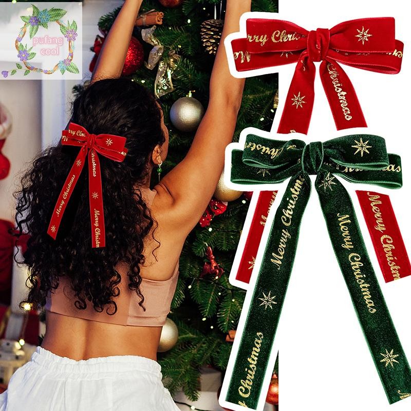 Pucool Xmas สีแดงสีเขียวกํามะหยี่โบว์เครื่องประดับผมคริสต์มาสปีใหม่ Headwear อุปกรณ์เสริมผมสําหรับของขวัญผู้หญิง TH