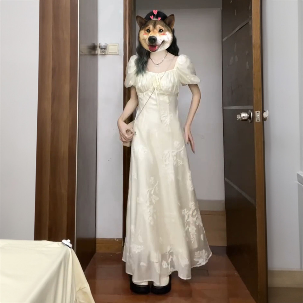 ฝรั่งเศสอ่อนโยนรักครั้งแรกเย็บปักถักร้อยเอวสลิมมิ่งลูกไม้ขึ้นชุดนักเรียนฤดูร้อนฟองคอสี่เหลี่ยมชุด
