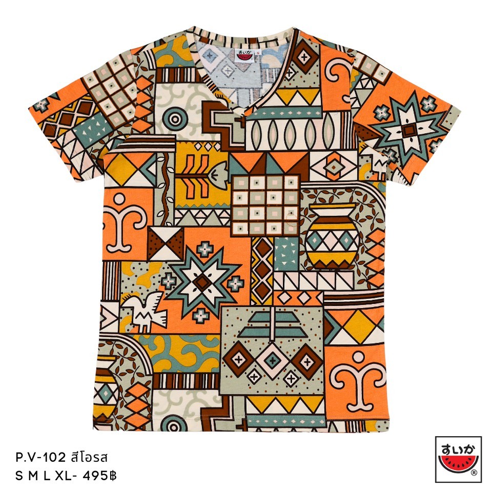 แตงโม (SUIKA) - เสื้อแตงโม เสื้อยืดคอวี ลายพิมพ์ดอกไม้(P.V-102)