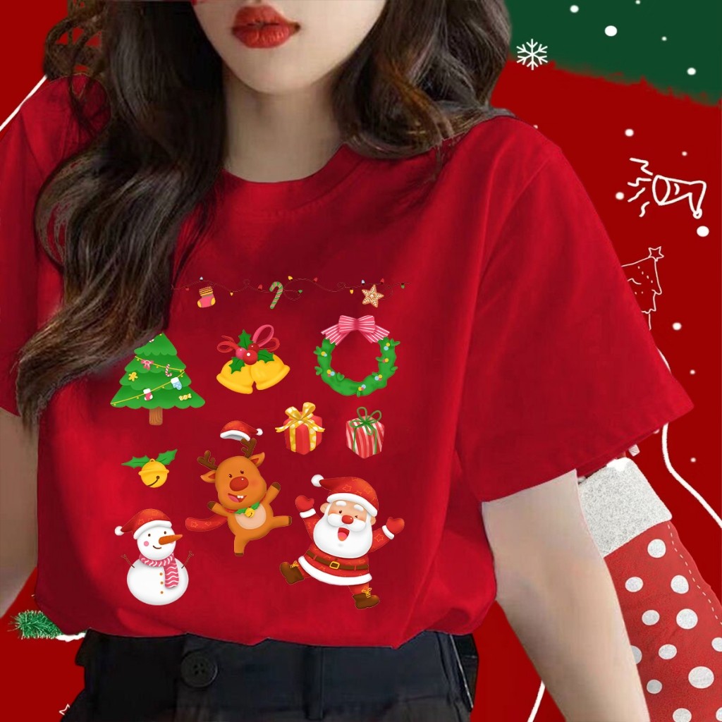(จัดส่งตลอด 24 ชั่วโมง）OOOK Official เสื้อยืดคริสต์มาส Merry Christmas ต้นคริสต์มาส พิมพ์ลาย เสื้อครอบครัวคริสต์มาส T640