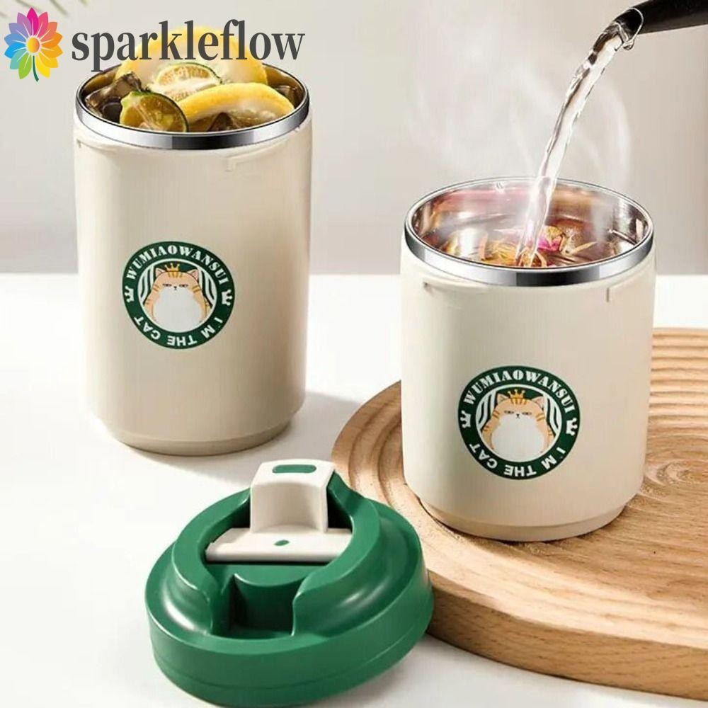 Sparkleflow แก้วกาแฟเก็บความร้อนสแตนเลส,380/480ML ถ้วยกาแฟสองชั้น, Drinkware สูญญากาศการ์ตูนแมว Patt