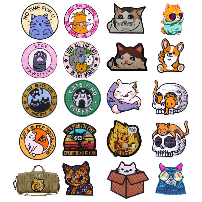 อุปกรณ์เสริมกระเป๋ากลางแจ้งดีไซน์ใหม่ THIS IS FINE Coffee Cat อะนิเมะแว่นตา Cat Armband เย็บปักถักร้อย Patch Velcro Badge