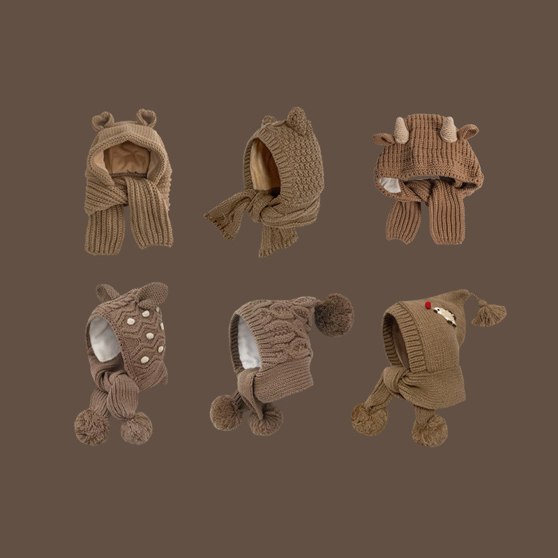 [1-10 ปี] นักเรียนไปโรงเรียนป้องกันหูหมวกเด็กหมวกผ้าพันคอแบบบูรณาการฤดูหนาวที่อบอุ่นถักหมวกทําด้วยผ้