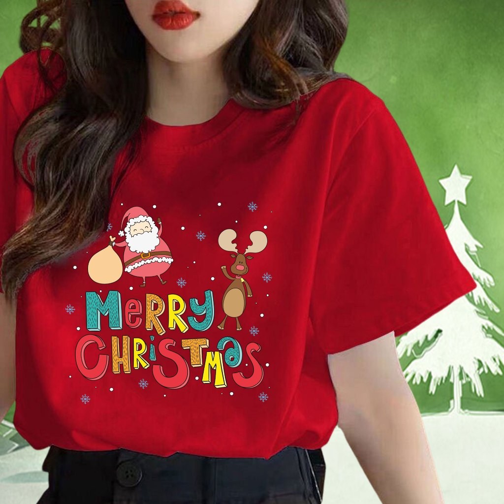 (จัดส่งตลอด 24 ชั่วโมง）OOOK Official เสื้อ Merry Christmas ซานต้า พิมพ์ลาย เสื้อครอบครัวคริสต์มาส วันคริสต์มาส T760