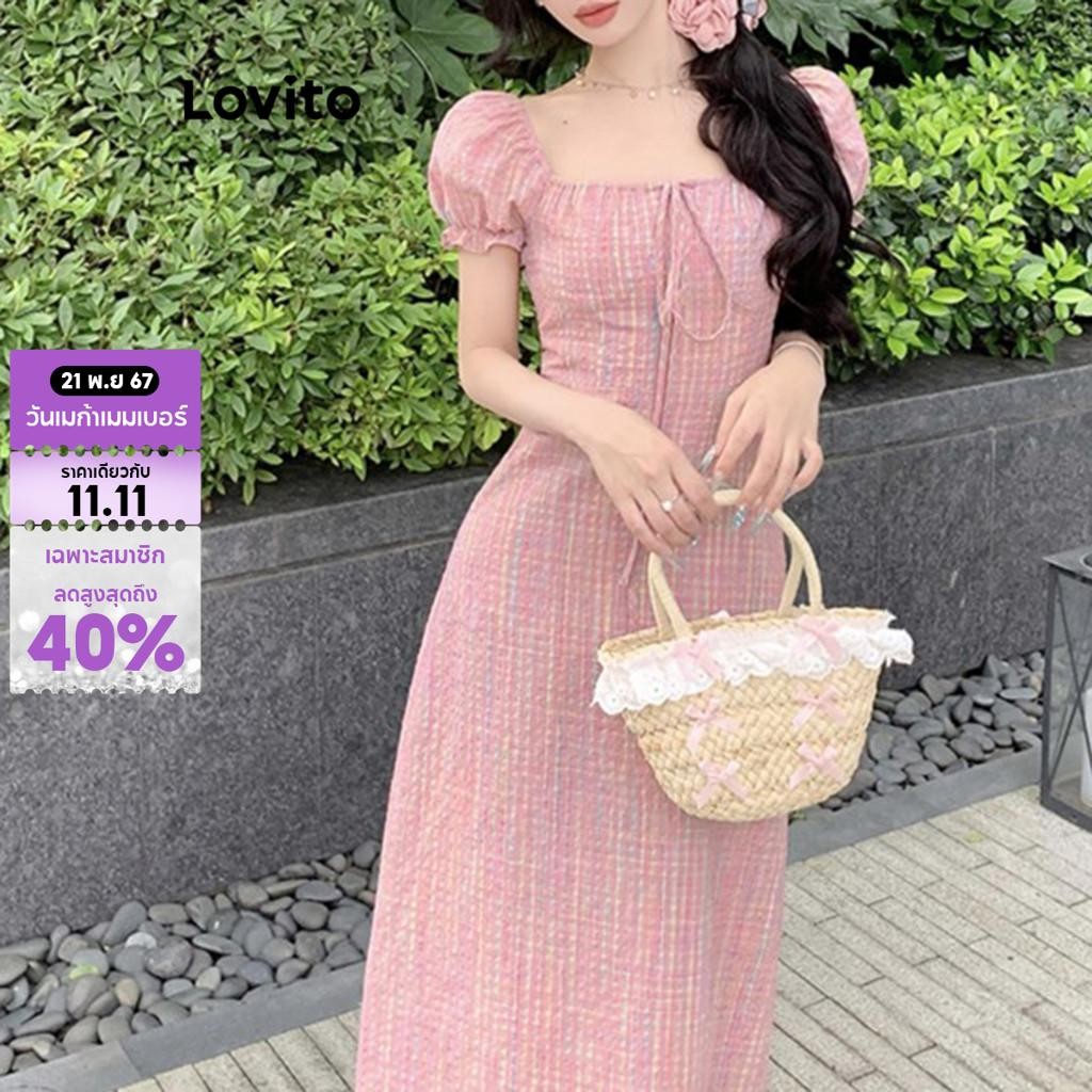 Lovito เดรสผู้หญิง ลายสก๊อต จับจีบ สไตล์ลำลอง LNM68399